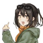  1girl black_hair brown_eyes eyewear_on_head gbfwakannnaiman green_jacket highres jacket kantai_collection official_alternate_costume open_mouth orange_scarf scarf sendai_(kancolle) short_hair simple_background smile solo sunglasses teeth two_side_up upper_body upper_teeth white_background 