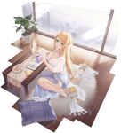  1girl artist_request atelier_(series) atelier_ryza atelier_ryza_2 atelier_ryza_3 azur_lane blonde_hair blue_dress book braid breasts candle cleavage coffee_mug cookie cup dress food french_braid from_above green_eyes highres indoors klaudia_valentz klaudia_valentz_(bedtime_memories) large_breasts long_hair looking_at_viewer looking_up manjuu_(azur_lane) mug official_art open_book plant potted_plant see-through see-through_sleeves seiza sitting solo very_long_hair wooden_floor 