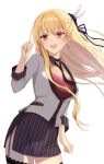  1girl alisa_reinford aono_(aonocrotowa) blonde_hair breasts cleavage_cutout clothing_cutout cropped_jacket earrings eiyuu_densetsu feather_hair_ornament feathers hair_ornament highres jewelry large_breasts long_hair necktie red_eyes sen_no_kiseki sen_no_kiseki_iii simple_background smile white_background 