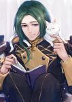  1boy animal_on_shoulder artist_name bangs black_jacket black_pants blue_eyes cat closed_eyes fire_emblem fire_emblem:_three_houses garreg_mach_monastery_uniform gold_trim green_hair highres jacket linhardt_von_hevring long_sleeves male_focus ningyo pants parted_bangs petting reading short_hair_with_long_locks sitting smile solo white_cat 