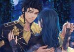  1boy 1girl bangs black_hair black_jacket blue_hair braid byleth_(fire_emblem) byleth_(fire_emblem)_(female) claude_von_riegan column couple dancing fire_emblem fire_emblem:_three_houses full_moon garreg_mach_monastery_uniform gold_trim green_eyes grey_shirt hand_on_another&#039;s_back hand_on_another&#039;s_chest hetero holding_hands jacket long_hair looking_at_another moon ningyo outdoors parted_bangs parted_lips pillar plant shirt short_hair_with_long_locks side_braid smile upper_body vines yellow_shirt 
