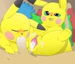  anthro blue_eyes blush bodily_fluids cum cum_in_pussy cum_inside female female_penetrated generation_1_pokemon genital_fluids genitals group human human_penetrating looking_at_viewer malawrist male male/female male_penetrating male_penetrating_female mammal nintendo open_mouth oral penetration pikachu pokemon pokemon_(species) pussy sex spread_legs spreading trio video_games 