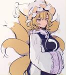  1girl animal_ears blonde_hair dress fox_ears fox_tail hands_in_opposite_sleeves hat highres mozukuzu_(manukedori) multiple_tails parted_lips pillow_hat short_hair sleeves_past_fingers sleeves_past_wrists solo tabard tail touhou white_dress white_headwear wide_sleeves yakumo_ran yellow_eyes 