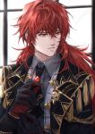  1boy ascot bangs black_ascot black_gloves black_jacket closed_mouth collared_shirt crossed_bangs diluc_(genshin_impact) gem genshin_impact gloves gold_trim grey_shirt hair_between_eyes highres jacket long_hair looking_to_the_side male_focus ningyo portrait red_eyes red_gloves red_hair shirt solo two-tone_gloves upper_body vest white_vest window 