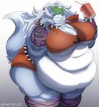  2022 absurd_res anthro belly big_breasts breasts canid canine canis clothing digital_drawing_(artwork) digital_media_(artwork) ear_piercing female five_nights_at_freddy&#039;s five_nights_at_freddy&#039;s:_security_breach fur green_hair grey_body grey_fur grey_hair hair hi_res mammal multicolored_body multicolored_fur nemata0 obese obese_anthro obese_female overweight overweight_anthro overweight_female piercing red_clothing roxanne_wolf_(fnaf) scottgames simple_background solo spikes video_games white_body white_fur wolf 