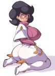  1girl ass big_hair boots borvar breasts capelet coat covered_nipples green_eyes hand_on_own_knee high_heels highres large_breasts long_sleeves pink_sweater pokemon pokemon_(game) pokemon_sm purple_hair ribbed_sweater seiza sideboob sitting skirt sweater thigh_boots turtleneck turtleneck_sweater white_capelet white_coat white_skirt wicke_(pokemon) yellow_eyes 