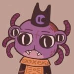  1:1 ambiguous_gender anthro black_eyes clothed clothing cult_of_the_lamb digital_media_(artwork) hat headgear headwear icon looking_away low_res monster multi_eye purple_body shamura_(cult_of_the_lamb) sharp_teeth simple_background solo teeth thumbnail unknown_artist unknown_species 