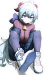  bell blue_hair cowbell dragonostic ganyu_(genshin_impact) genshin_impact goat_horns horns ponytail shoes sneakers sweater 