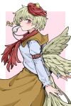  1girl animal animal_on_head bird bird_on_head bird_tail bird_wings blonde_hair blush chick closed_mouth dated dress fe_(tetsu) feathered_wings highres long_sleeves multicolored_hair niwatari_kutaka on_head orange_dress red_eyes red_hair shirt short_hair simple_background smile solo tail touhou two-tone_hair upper_body whistle whistle_around_neck whistling white_background white_shirt wings yellow_wings 