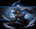  1girl 69_(86) absurdres armguards arrow_(projectile) blue_hair boots bow_(weapon) breasts brown_eyes cape copyright_request highleg highres holding holding_arrow huge_breasts lace_trim long_hair monochrome_background quiver revealing_clothes solo_focus thick_thighs thigh_boots thighs weapon wide_hips 