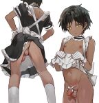  1boy absurdres ass bishounen black_hair brown_eyes closed_mouth clothes_lift commentary cowboy_shot dark-skinned_male dark_skin english_commentary erection flaccid gift highres inverted_nipples itsme_takk kneehighs looking_at_viewer maid male_focus midriff navel original otoko_no_ko ribbon simple_background socks testicles white_background white_ribbon 
