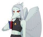  anthro beverage black_nails blue_body bottomwear clothed clothing colored_nails container cup doomed_predator fang_(gvh) feathered_wings feathers female goodbye_volcano_high hair hi_res jewelry long_hair looking_at_viewer makeup midriff multicolored_body nails navel necklace orange_eyes pants pterodactylus pterosaur reptile scalie silver_hair simple_background snoot_game_(fan_game) solo straw two_tone_body white_background wings 