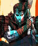  1boy armor bandaged_arm bandages berserk berserker_armor black_hair closed_mouth colored_sclera dragonslayer_(sword) greatsword guts_(berserk) highres holding holding_sword holding_weapon limited_palette looking_at_viewer male_focus multicolored_hair nisino2222 one_eye_closed prosthesis prosthetic_arm scar scar_on_face scar_on_nose short_hair shoulder_armor solo spiked_hair streaked_hair sword weapon yellow_sclera 