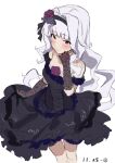  1girl absurdres black_dress black_gloves blush dated dress flower gloves hair_flower hair_ornament hairband highres idolmaster idolmaster_(classic) long_hair looking_at_viewer off-shoulder_dress off_shoulder purple_eyes shijou_takane smile solo uouo_unchi white_background white_hair 