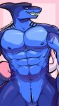  2022 abs absurd_res anthro biceps biped blue_body blue_eyes clothed clothing digital_media_(artwork) fin fish front_view gills head_fin hi_res humanoid long_tail looking_at_viewer male marine multicolored_body muscular muscular_anthro muscular_male navel neptune_(solar_house) nipples nude panchromium pecs pink_background shaded shark shirtless signature simple_background sitting slit smile smirk solo star_eyes symbol teeth text topless 