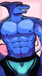  2022 abs absurd_res anthro biceps biped blue_body blue_eyes bottomwear clothed clothing digital_media_(artwork) fin fish front_view gills head_fin hi_res humanoid long_tail looking_at_viewer male marine multicolored_body muscular muscular_anthro muscular_male navel neptune_(solar_house) nipples panchromium partially_clothed pecs pink_background shaded shark shirtless signature simple_background sitting smile smirk solo star_eyes symbol teeth text topless underwear 
