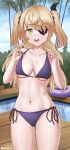  1girl abs absurdres beach bikini blonde_hair breasts eyepatch fischl_(genshin_impact) genshin_impact green_eyes highres long_hair medium_breasts navel purple_bikini sembem swimsuit 