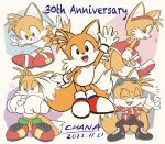  1boy :&lt; :d amy_rose anniversary arm_up chana_(furrytails) closed_eyes dr._eggman dress gloves goggles goggles_on_head grin highres jacket knuckles_the_echidna laughing looking_at_viewer male_focus multiple_tails multiple_views open_mouth red_dress red_jacket serious shoes smile sonic_(series) sonic_the_hedgehog tail tails_(sonic) two_tails white_gloves 