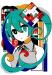  1girl abstract aqua_eyes aqua_hair black_eyes bright_pupils detached_sleeves expressionless fibonacci_sequence golden_ratio golden_rectangle golden_spiral grey_shirt halftone hatsune_miku heterochromia long_hair looking_at_viewer multicolored_background multicolored_necktie pop_art shirt solo surreal twintails upper_body vocaloid white_pupils wokichi 