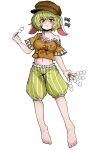 1girl :t absurdres animal_ears barefoot blonde_hair breasts brown_headwear cabbie_hat closed_mouth dango eating fe_(tetsu) floppy_ears food full_body hat highres holding holding_food looking_at_viewer mg_mg navel orange_shirt rabbit_ears red_eyes ringo_(touhou) shirt short_hair short_sleeves shorts simple_background smile solo touhou wagashi white_background yellow_shorts 