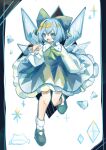  1girl blue_bow blue_dress blue_eyes blue_footwear blue_hair blush bow cirno collared_shirt detached_wings dress fairy full_body hair_between_eyes hair_bow highres ice ice_wings long_sleeves open_mouth sabatuki shirt shoes short_hair smile socks solo touhou white_shirt white_socks wings 