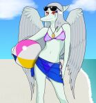  anthro ball beach beach_ball bikini black_nails blue_body clothed clothing colored_nails doomed_predator eyewear fang_(gvh) feathered_wings feathers female goodbye_volcano_high hair hi_res inflatable jewelry long_hair makeup midriff multicolored_body nails navel necklace orange_eyes pterodactylus pterosaur reptile scalie seaside silver_hair snoot_game_(fan_game) solo sunglasses swimwear two_tone_body wings 