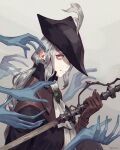  1girl ascot blood bloodborne blue_eyes cape coat gem gloves hat hat_feather highres holding jiro_(ninetysix) lady_maria_of_the_astral_clocktower long_hair looking_at_viewer ponytail rakuyo_(bloodborne) simple_background solo sword tricorne weapon white_hair 