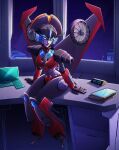  1girl alien blue_eyes breasts curvy desk humanoid_robot joints katya_sair medium_breasts on_desk panties red_lips red_panties robot sitting sitting_on_desk solo the_transformers_(idw) thick_thighs thighs transformers underwear windblade wings 