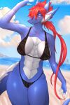  absurd_res anthro big_breasts blue_body blue_scales bra breasts clothed clothing countershading crossgender detailed_background dragon female fingers hair hi_res rakuo red_eyes red_hair reptile scales scalie silviaxrk solo underwear white_body white_scales 