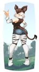  1girl ;) animal_ears animal_print ass bangs bare_shoulders blue_shorts border bow bowtie brown_eyes brown_hair brown_shirt closed_mouth commission cutoffs day detached_sleeves fingernails full_body giraffe_print grass hair_between_eyes hand_on_hip hand_up hatch_(hatch_box) highres kemono_friends legs_apart looking_at_viewer looking_back medium_hair multicolored_hair okapi_(kemono_friends) okapi_ears okapi_tail one_eye_closed outdoors pantyhose pantyhose_under_shorts pocket print_pantyhose print_sleeves shirt shoes short_shorts shorts smile solo standing tail white_border white_bow white_hair 