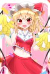  1girl alternate_costume blonde_hair blurry blurry_foreground cheerleader confetti crystal fang flandre_scarlet hat hat_ribbon heart highres kaede_(kaede_fs495) looking_at_viewer navel open_mouth pink_background pom_pom_(cheerleading) red_eyes red_ribbon red_shirt red_skirt ribbon shirt short_hair skirt solo touhou wings 