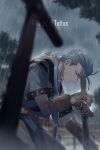  1boy blue_eyes blue_hair chester_burklight cross echo_(circa) fingerless_gloves gloves grave long_hair male_focus ponytail rain solo stick tales_of_(series) tales_of_phantasia tree 