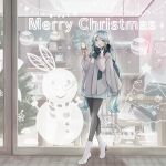  1girl absurdres bangs blue_eyes blue_hair blush boots cafe christmas christmas_tree crossed_legs hair_ribbon hatsune_miku high_heel_boots high_heels highres holding_ice_cream ice_cream_cone long_hair long_sleeves low_twintails merry_christmas nagitofuu nail_polish open_mouth outdoors pantyhose pleated_skirt poncho ribbon scarf skirt smile snowman solo twintails very_long_hair vocaloid walking window winter 