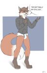  2020 anthro barefoot bulge canid canine clothing dialogue ears_up facial_hair fangs feet fox fur goatee hair half-closed_eyes hi_res hoodie jim_foxx jimfoxx looking_aside male mammal mustache narrowed_eyes open_mouth solo speech_bubble standing teeth text tiptoes tongue topwear underwear 