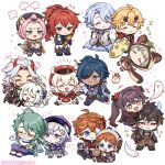  6+boys 6+girls :d ahoge animal animal_ears animal_hood arataki_itto backpack bag bag_charm baizhu_(genshin_impact) bangs bangs_pinned_back blonde_hair blue_eyes blue_hair blunt_bangs boo_tao_(genshin_impact) brothers brown_headwear cabbie_hat cat_ears cat_girl cat_tail charm_(object) chibi closed_eyes closed_mouth clover_print coin_hair_ornament commentary cushion dark-skinned_male dark_skin diluc_(genshin_impact) diona_(genshin_impact) dodoco_(genshin_impact) dress english_commentary eyepatch fake_horns flying_sweatdrops forehead genshin_impact ghost glasses gloves gradient_hair green_hair grey_hair hair_between_eyes hair_ornament halo hat headband holding holding_hands hood hood_up horned_headwear horns hu_tao_(genshin_impact) jacket japanese_clothes jumpy_dumpty kaeya_(genshin_impact) kamisato_ayato klee_(genshin_impact) long_hair long_sleeves low_ponytail low_twintails mask mask_on_head mole mole_under_mouth multicolored_hair multiple_boys multiple_girls ofuda one_eye_closed orange_hair paimon_(genshin_impact) pants pink_hair pointy_ears ponytail purple_hair qiqi_(genshin_impact) randoseru red-framed_eyewear red_eyes red_hair red_headwear ruin_guard_(genshin_impact) sayu_(genshin_impact) short_hair short_sleeves siblings sidelocks simple_background sitting smile snake standing stuffed_toy sumipic sweat sweatdrop tail tartaglia_(genshin_impact) teucer_(genshin_impact) thoma_(genshin_impact) twintails twitter_username vision_(genshin_impact) white_hair wide_sleeves zhongli_(genshin_impact) zzz 