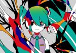  1girl abstract aqua_eyes aqua_necktie bare_shoulders black_eyes black_sleeves bright_pupils closed_mouth colorful detached_sleeves empty_eyes grey_shirt hatsune_miku heterochromia long_hair multicolored_eyes necktie pop_art shirt smile solo twintails upper_body very_long_hair vocaloid white_pupils wokichi 
