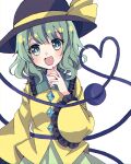  1girl :d black_headwear bow finger_to_mouth frilled_shirt_collar frilled_sleeves frills green_eyes green_hair green_skirt hair_between_eyes hat hat_bow heart heart_of_string highres index_finger_raised komeiji_koishi long_sleeves looking_at_viewer nauka open_mouth shirt short_hair simple_background skirt smile solo third_eye touhou white_background yellow_bow yellow_shirt 