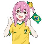  1girl 2022_fifa_world_cup absurdres bangs brazilian_flag clenched_hands flag flower hair_between_eyes hair_flower hair_ornament head_tilt highres holding holding_flag karassawa nijisanji nijisanji_en nike one_side_up open_mouth pink_hair portuguese_commentary red_eyes rosemi_lovelock shirt short_hair smile solo upper_body virtual_youtuber white_background yellow_flower yellow_shirt 