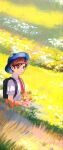  1boy backpack bag bangs black_bag blue_headwear brown_eyes brown_hair closed_mouth commentary_request day florian_(pokemon) grass hat highres holding holding_pokemon male_focus necktie obabu_316 outdoors pawmi pokemon pokemon_(creature) pokemon_(game) pokemon_sv shirt short_hair short_sleeves smile 