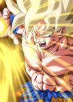  1boy absurdres arm_up blonde_hair dragon_ball energy energy_ball green_eyes highres kbaeedo muscular solo son_goku super_saiyan super_saiyan_1 torn_clothes 