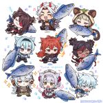  4boys 5girls :&lt; :3 :d :o @_@ animal animal_ear_fluff animal_ears aqua_hair arataki_itto bangs beidou_(genshin_impact) blunt_bangs brown_hair cat_boy cat_ears cat_girl cat_tail chibi chongyun_(genshin_impact) closed_eyes closed_mouth commentary dark-skinned_female dark_skin diluc_(genshin_impact) english_commentary eula_(genshin_impact) facepaint fangs fire fish flying_sweatdrops genshin_impact gloves grey_hair hair_between_eyes holding holding_animal holding_fish hood hood_up kemonomimi_mode leaf leaf_on_head long_hair long_sleeves looking_at_viewer low_ponytail luxurious_sea-lord multicolored_hair multiple_boys multiple_girls musical_note noelle_(genshin_impact) open_mouth orange_hair partially_fingerless_gloves paw_print razor_(genshin_impact) red_hair sayu_(genshin_impact) scar scar_on_face short_hair short_sleeves sidelocks simple_background sleeping smile sparkle streaked_hair sumipic sweat tail tuna twintails twitter_username white_background xinyan_(genshin_impact) zzz 