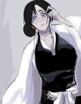  1girl adjusting_eyewear black_hair black_hairband bleach bleach:_the_thousand-year_blood_war breasts dutch_angle english_commentary frown grey_background grey_eyes hairband hakama haori highres japanese_clothes katoribatsu_unsai kimono large_breasts looking_at_viewer medium_hair raised_eyebrows sekihan_(6kihan) solo 