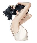  1girl armpits black_eyes black_hair camisole covering_face cropped_torso hair_behind_ear holding holding_hair original ponytail rinotuna shadow simple_background solo white_background white_camisole 