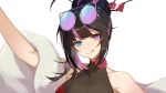  1girl absurdres bare_shoulders black_hair blue_eyes china_dress chinese_clothes collarbone commentary_request dress eyewear_on_head fur_shawl girls&#039;_frontline girls&#039;_frontline_neural_cloud hair_bun heterochromia highres licking_lips looking_at_viewer multicolored_hair pink_hair portrait purple_eyes shawl short_hair simple_background smile solo sunglasses tongue tongue_out vee_(girls&#039;_frontline_nc) white_background xianyu_liang 