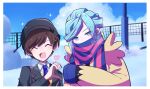  2boys ^^^ ^_^ aqua_eyes black_headwear black_jacket blue_hair blue_mittens blue_necktie blue_scarf blue_sky border brown_coat brown_hair closed_eyes coat collared_shirt commentary_request covered_mouth day florian_(pokemon) frills grusha_(pokemon) hand_up hat heart heart_hands_failure highres jacket lapels long_sleeves looking_at_viewer mittens motiumai multiple_boys necktie open_mouth outdoors pink_scarf pokemon pokemon_(game) pokemon_sv scarf scarf_over_mouth shirt short_hair sky smile snow sparkle striped striped_scarf thumbs_up tsurime upper_body utility_pole v-shaped_eyebrows white_border white_shirt winter winter_clothes yaoi 