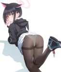 1girl animal_ears ass bangs black_choker black_hair black_hoodie black_pantyhose blue_archive blush bob_cut cat_ears choker closed_mouth english_commentary from_behind halo highres hood hoodie kazusa_(blue_archive) looking_at_viewer mochirong multicolored_hair panties panties_under_pantyhose pantyhose pink_hair pleated_skirt red_eyes shoes short_hair sidelocks simple_background skirt sneakers solo sweatdrop thighband_pantyhose two-tone_hair underwear white_background white_panties white_skirt 