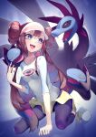  1girl :d black_pantyhose blue_eyes bow bright_pupils brown_hair commentary_request double_bun doughnut_hair_bun hair_bun highres hydreigon legwear_under_shorts long_hair looking_back open_mouth pantyhose pink_bow pokemon pokemon_(creature) pokemon_(game) pokemon_bw2 raglan_sleeves rindoriko rosa_(pokemon) shoes short_shorts shorts smile sneakers teeth tongue twintails upper_teeth visor_cap white_pupils yellow_shorts 