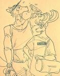  anthro antlers beastars bodily_fluids canid canine canis cervid clothed clothing crop_top duo exercise eyes_closed fanning fanning_self fully_clothed horn legoshi_(beastars) louis_(beastars) male male/male mammal shirt sweat tank_top topwear visor water_bottle workout wuffinarts 