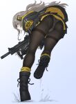  1girl absurdres ass ass_focus bangs black_footwear black_gloves black_jacket black_pantyhose blue_background boots brown_eyes closed_mouth dark_skin fingerless_gloves fuku_(fuku12290574) full_body girls&#039;_frontline gloves gun h&amp;k_ump45 highres holding holding_gun holding_weapon jacket leaning_forward long_hair long_sleeves panties pantyhose pantyshot scar scar_across_eye shoe_soles side_ponytail solo two-tone_background ump45_(girls&#039;_frontline) underwear weapon white_background white_panties 