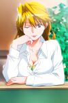  1girl bangs blonde_hair blue_eyes blurry blurry_background breasts christine_garland cleavage desk hair_intakes large_breasts long_hair long_sleeves looking_at_viewer non-web_source official_art one_eye_closed partially_unbuttoned photoshop_(medium) shirt solo super_real_mahjong tanaka_ryou tongue tongue_out upper_body white_shirt 